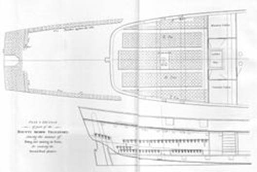 Plan and section of the Bounty Armed Transport showing the manner of fitting and stowing the pots for receiving the bread-fruit plants, from William Bligh's 1792 account of the voyage and mutiny, entitled A Voyage to the South Sea, available from Project Gutenberg.